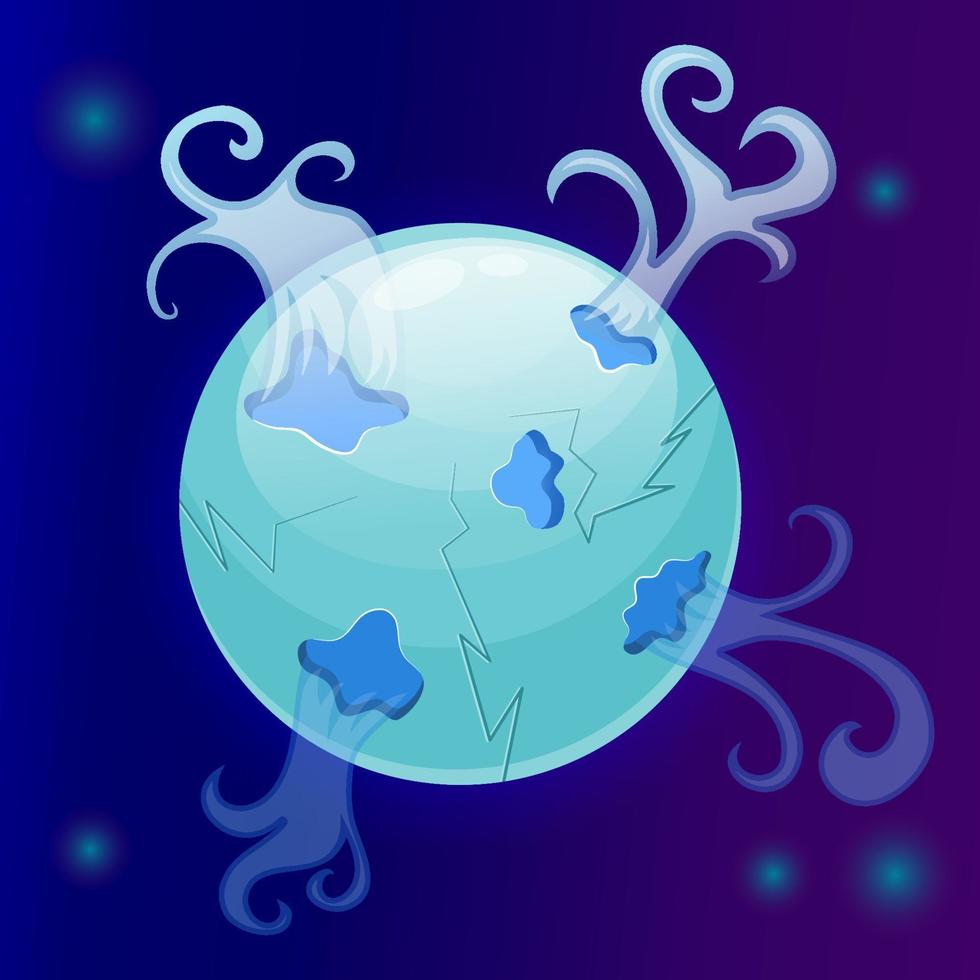 Fantasy planet ice cartoon with icy air craters. Blue magic snow round planet. Cartoon vector illustration. Ui design.