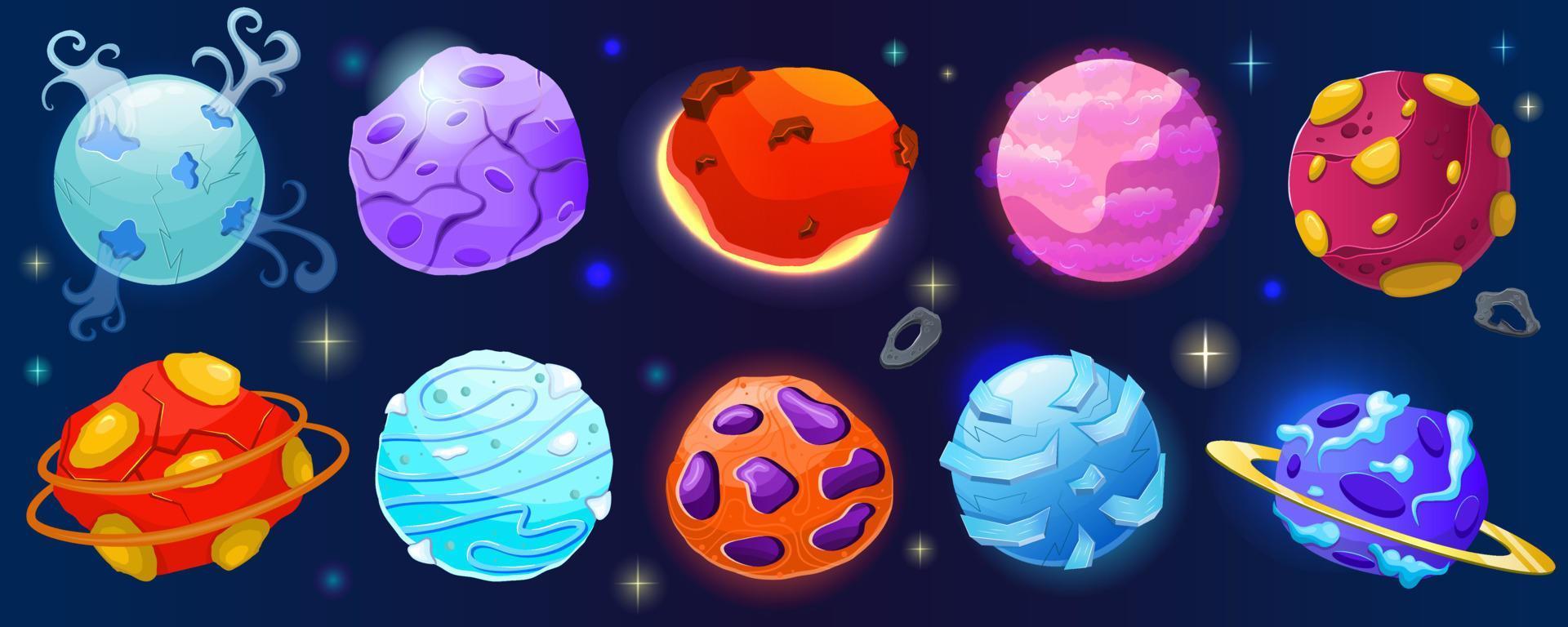 conjunto de iconos de clipart de planeta spase de dibujos animados con hielo, fuego y roca. planeta mágico con cráter y anillos. paquete de ilustración vectorial de dibujos animados. diseño de juego de interfaz de usuario para el juego cosmos vector