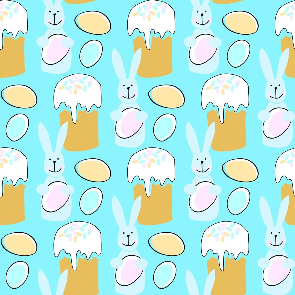 Seamless pattern with Easter illustration with bunny, Easter cake and egg on blue background vector