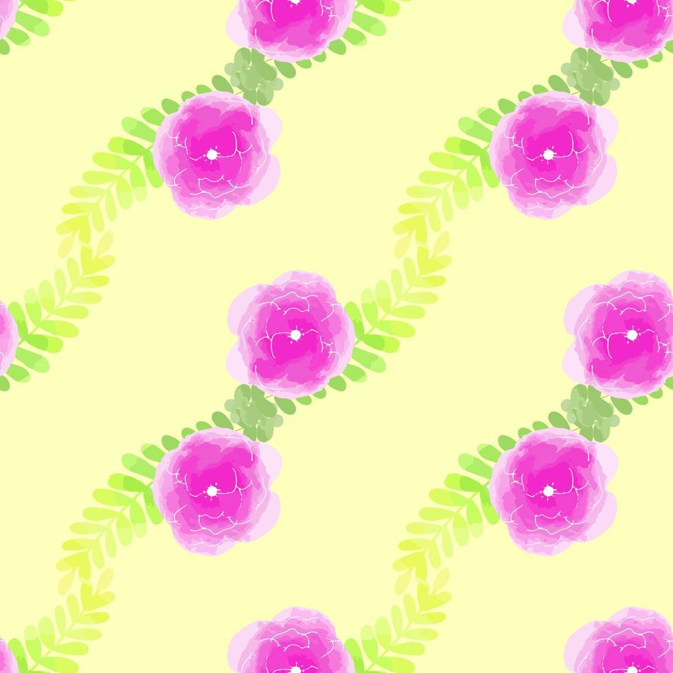 Vector illustration seamless pattern watercolor pink flowers on light yellow background