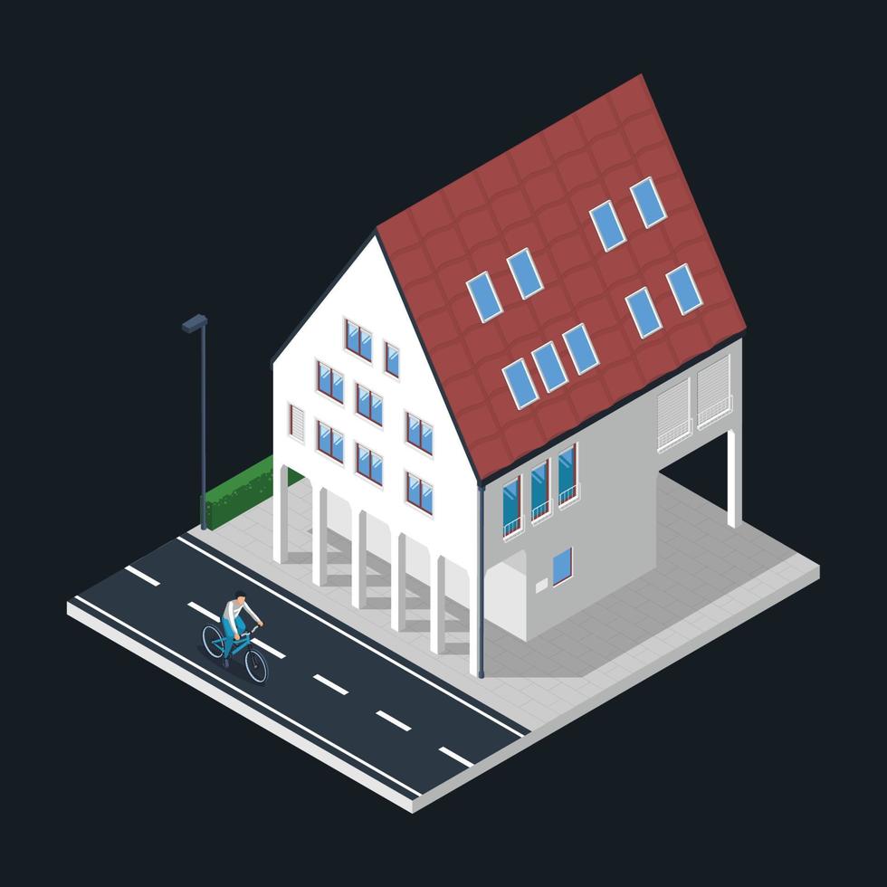 Isometric house building with bicycle isolated vector illustration