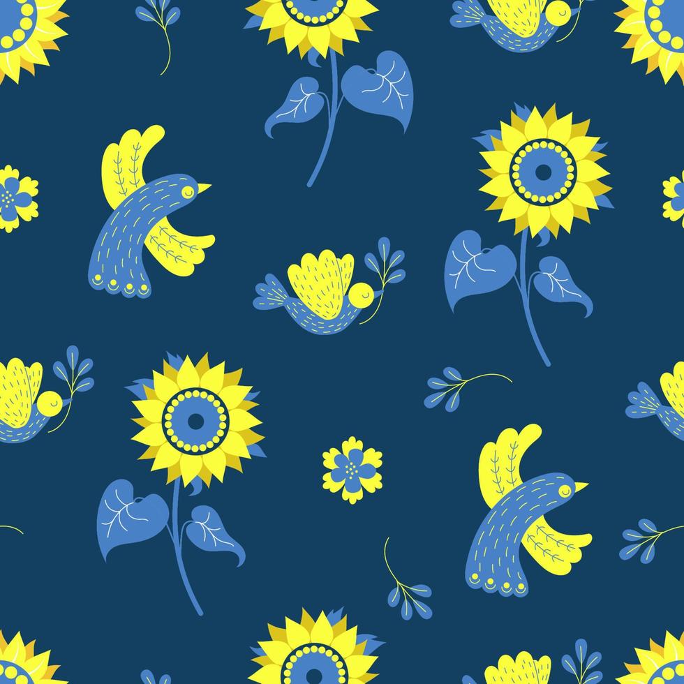 Ukrainian decorative seamless pattern. Yellow-blue birds and sunflower on blue background with flowers. Vector illustration in colors of Ukrainian flag for national decor, design, packaging, wallpaper