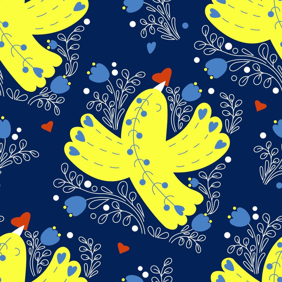 Decorative seamless pattern with Yellow-blue bird with heart on blue background with an openwork decor. Vector illustration in colors of Ukrainian flag for national decor, design, packaging, wallpaper