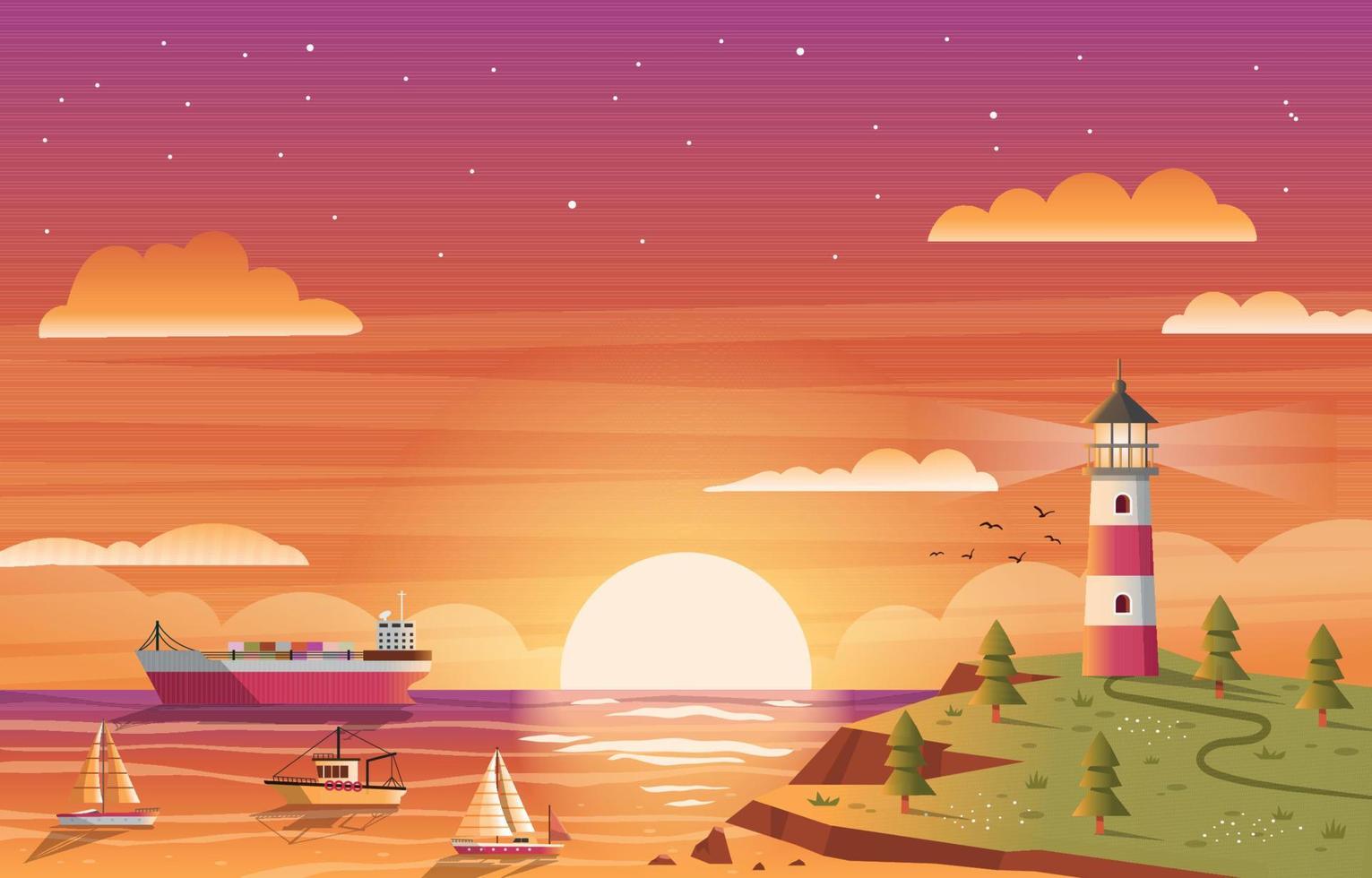 faro y paisaje marino al atardecer vector