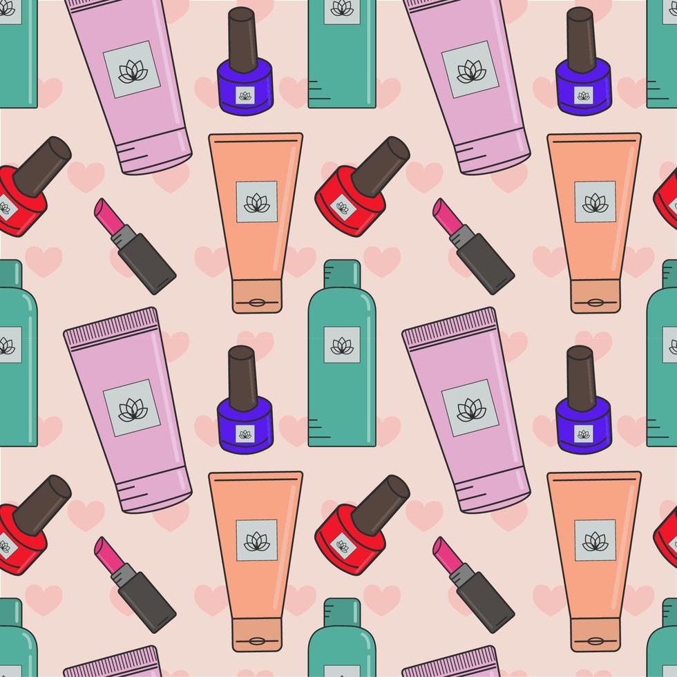 Vector seamless pattern of cosmetics.Creams,lipstick, nail polish, face masks. Cosmetics store, beauty salon, postcard design,prints made of wrapping paper and packaging.Sketch a fashionable banner