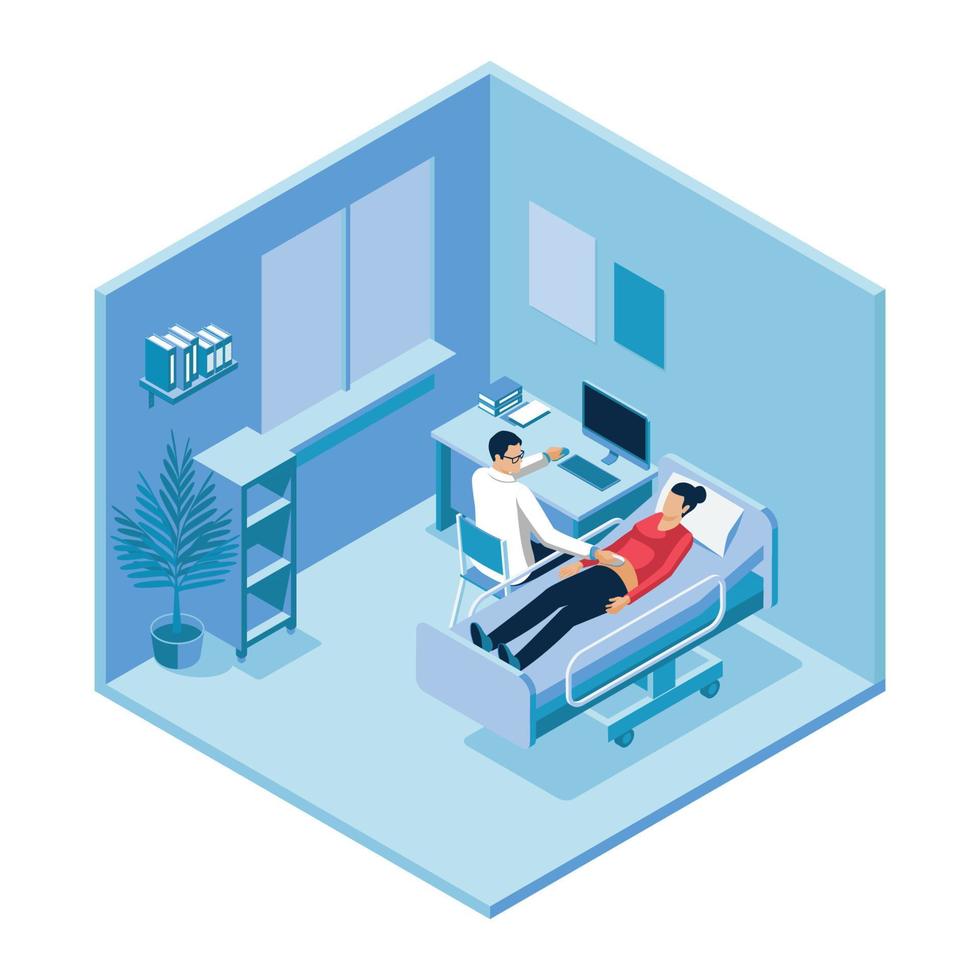 Ilustración de vector de chequeo médico de habitación de hospital isométrica