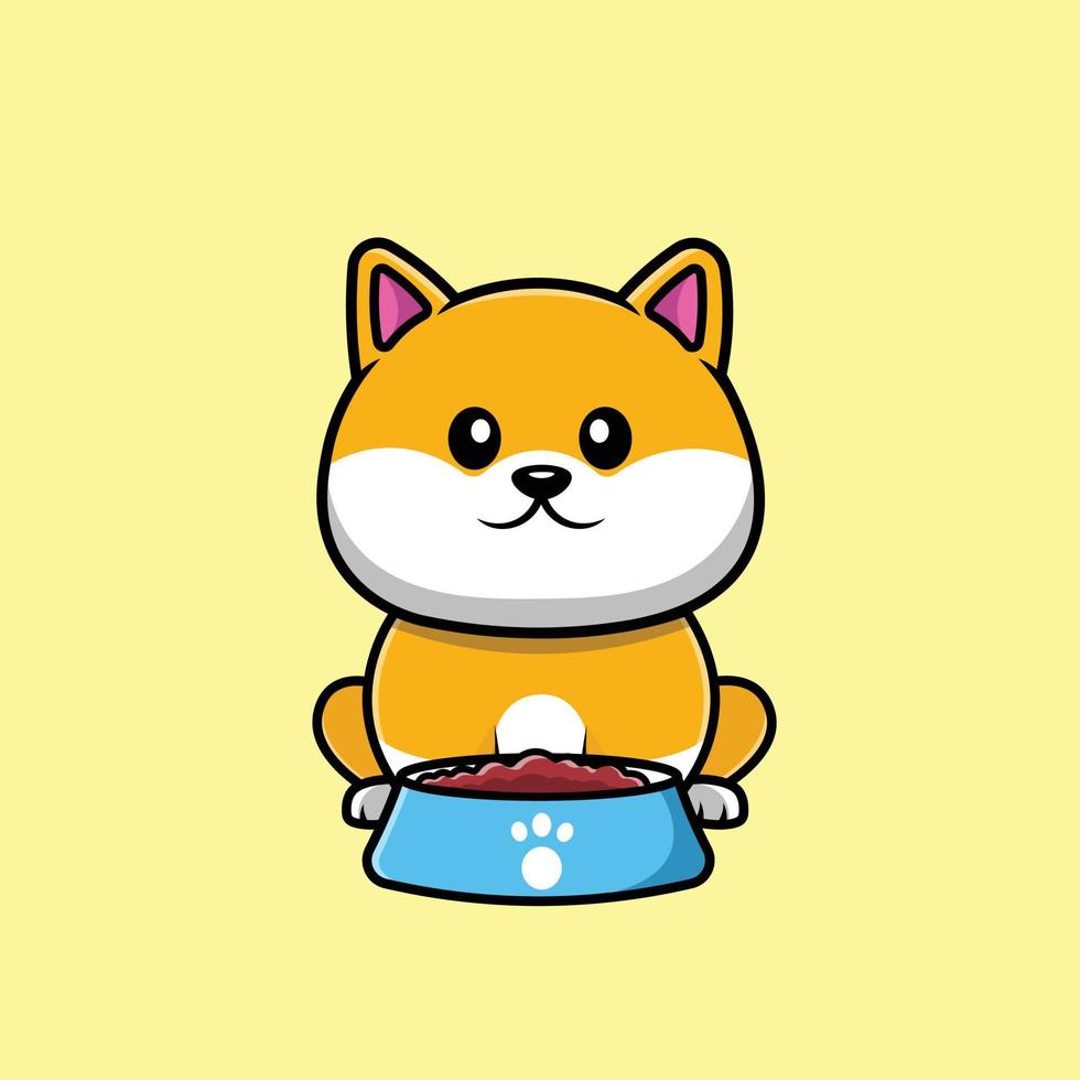 Cute Shiba Inu Eating On Bowl Cartoon Vector Icon Illustration. Animal Food Icon Concept Isolated Premium Vector.