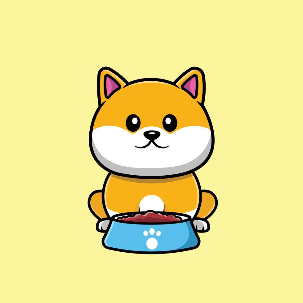 lindo shiba inu comiendo en la ilustración de icono de vector de dibujos animados de tazón. concepto de icono de comida animal vector premium aislado.