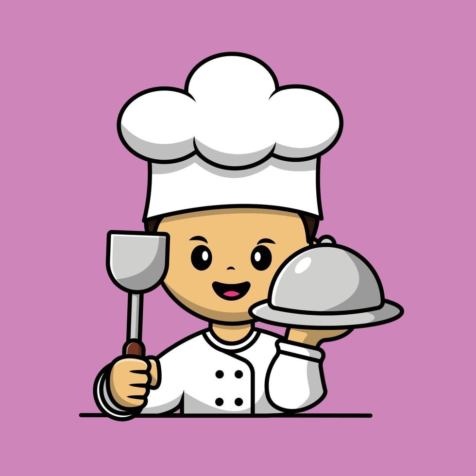 Cute boy chef sosteniendo cloche comida y espátula dibujos animados vector icono ilustración. concepto de icono de comida de personas vector premium aislado.