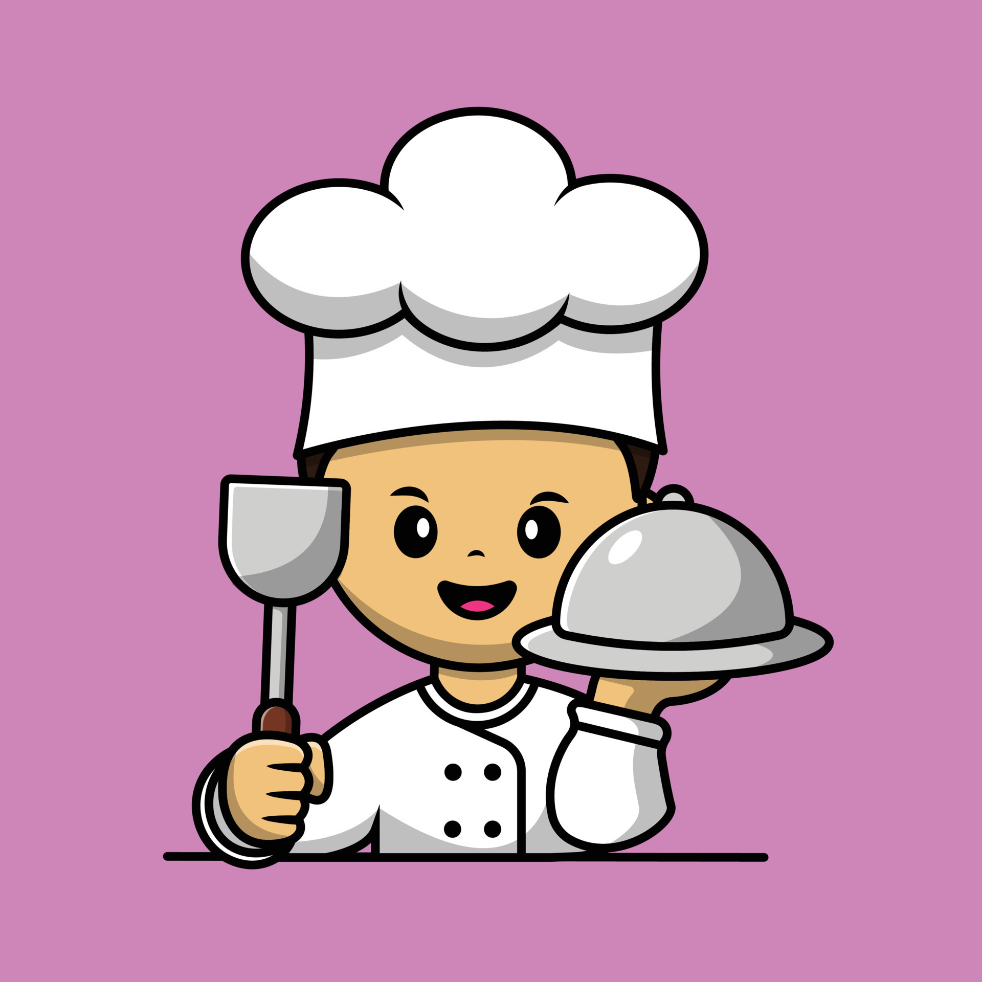 Cute Boy Chef Holding Cloche Food And Spatula Cartoon Vector Icon ...