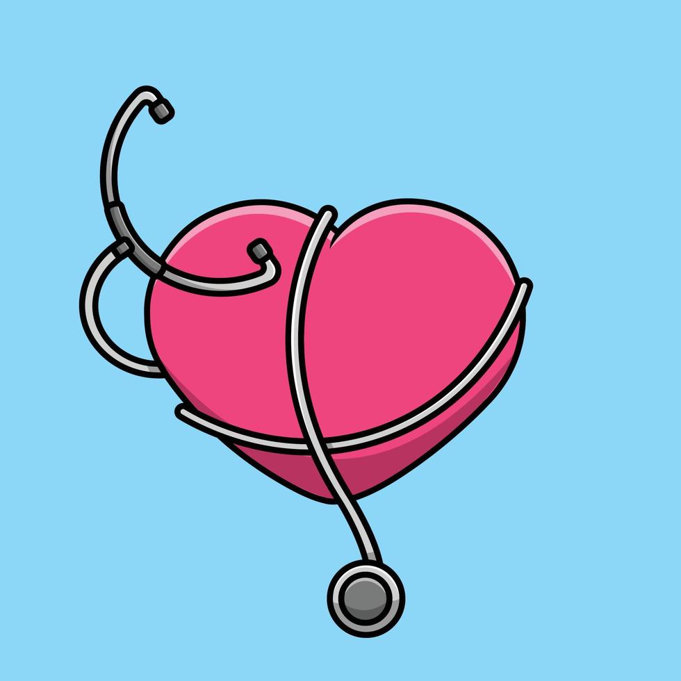 corazón con ilustración de icono de vector de dibujos animados de estetoscopio. concepto de icono médico y de salud vector premium aislado.