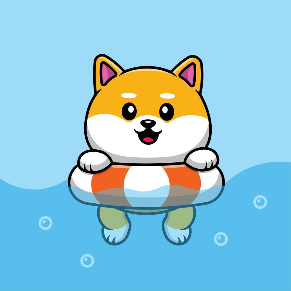 Cute Shiba Inu Dog Floating With Swimming Tires On Sea Cartoon Vector Icon Illustration. Animal Nature Icon Concept Isolated Premium Vector.