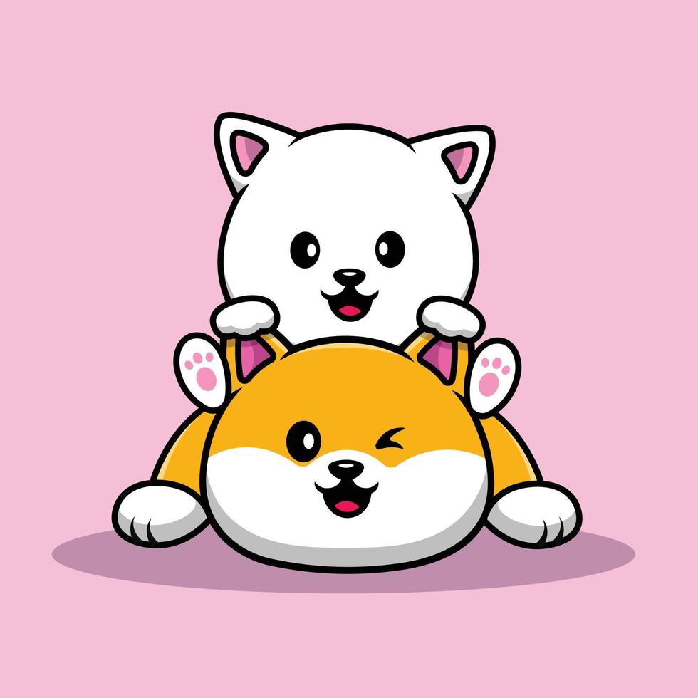 Cute Cat Playing With Shiba Inu Cartoon Vector Icon Illustration. Animal Icon Concept Isolated Premium Vector.