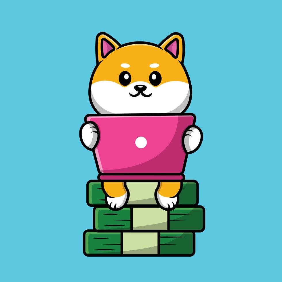 lindo perro shiba inu trabajando en la ilustración del icono del vector de dibujos animados de la computadora portátil. concepto de icono de negocio animal aislado vector premium