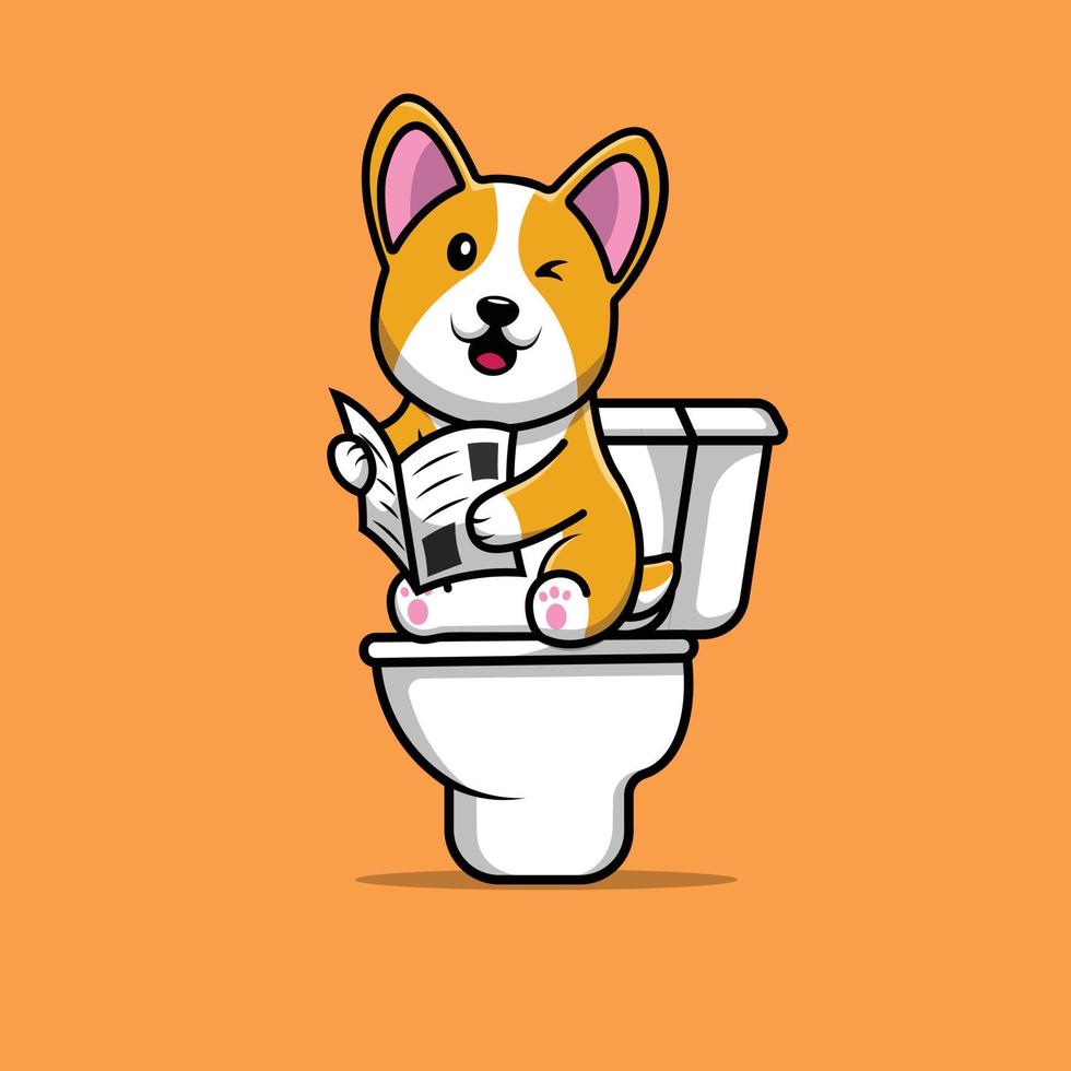 Cute Corgi Dog Pooping With Reading Newspaper Cartoon Vector Icon Illustration. Animal Icon Concept Isolated Premium Vector.