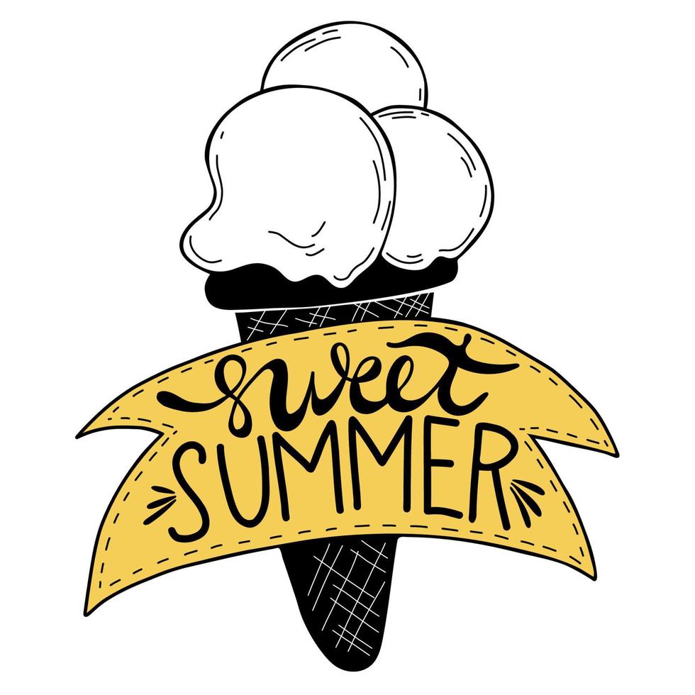 Ice cream with lettering sweet summer. Hand drawn vector illustration in doodle style. Outline drawing with inscription for summer design and decor