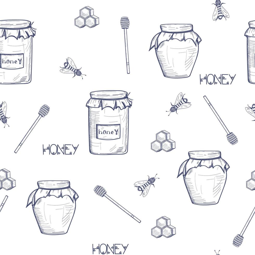 Seamless honey background with a jar of honey, a spoon for honey, honeycomb, bees vector