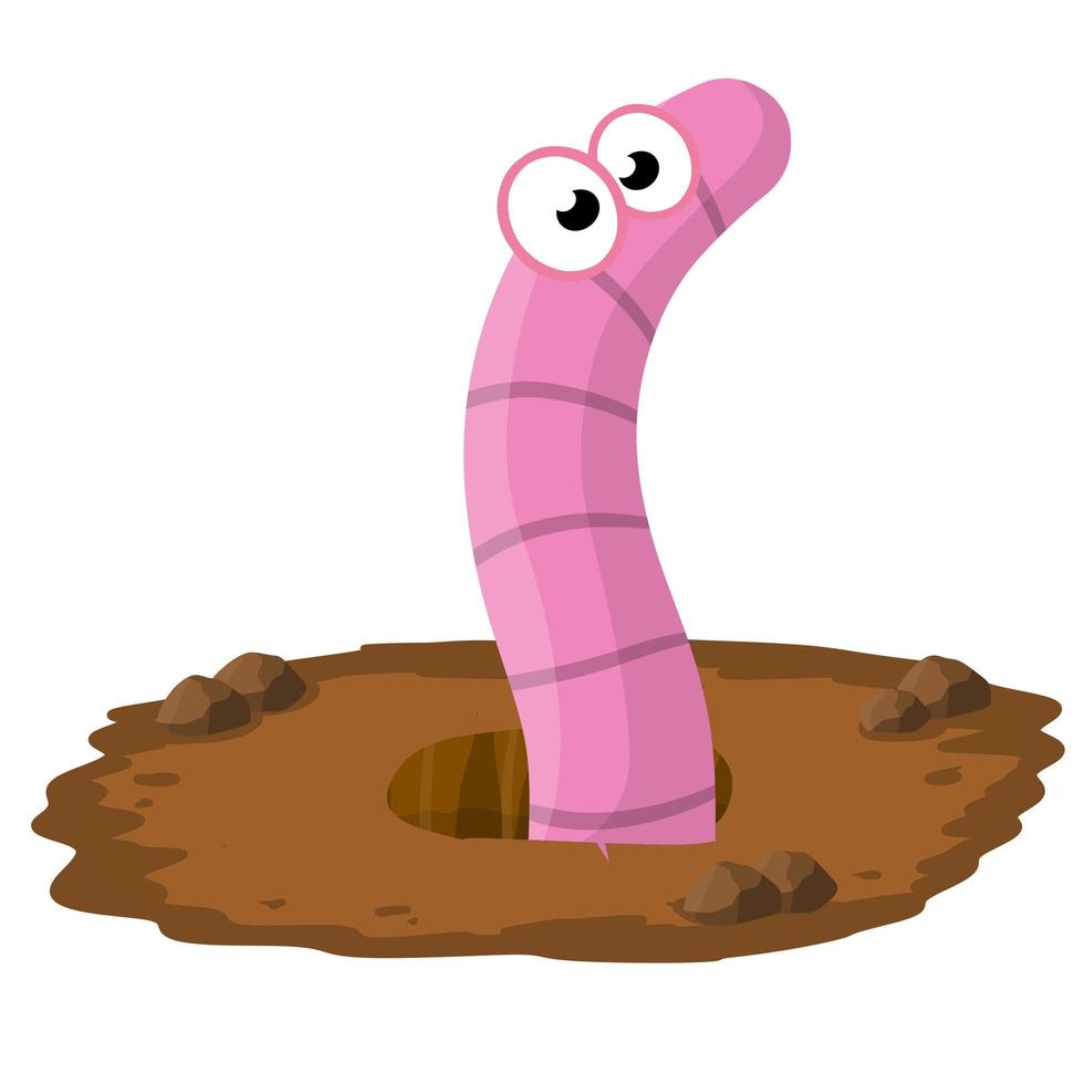 Worm in hole. Pink insect in nature. vector