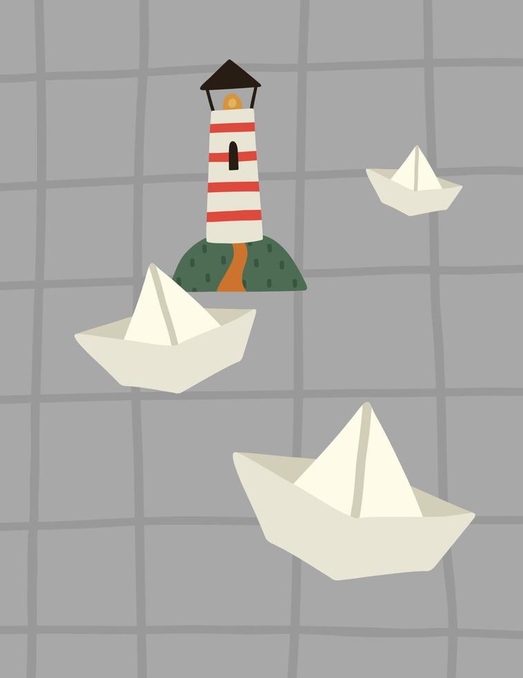 Paper boats and light house vector