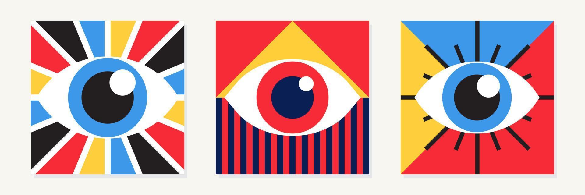 Abstract bauhaus eye poster vector set minimal 20s style