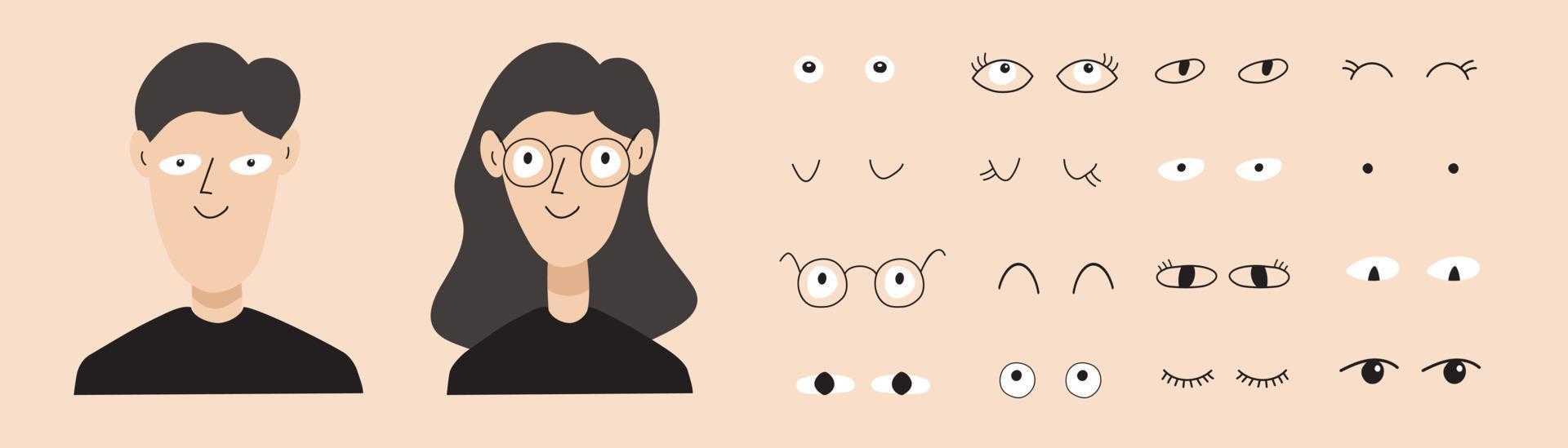 Eyes set with man and women hand draw cute style vector