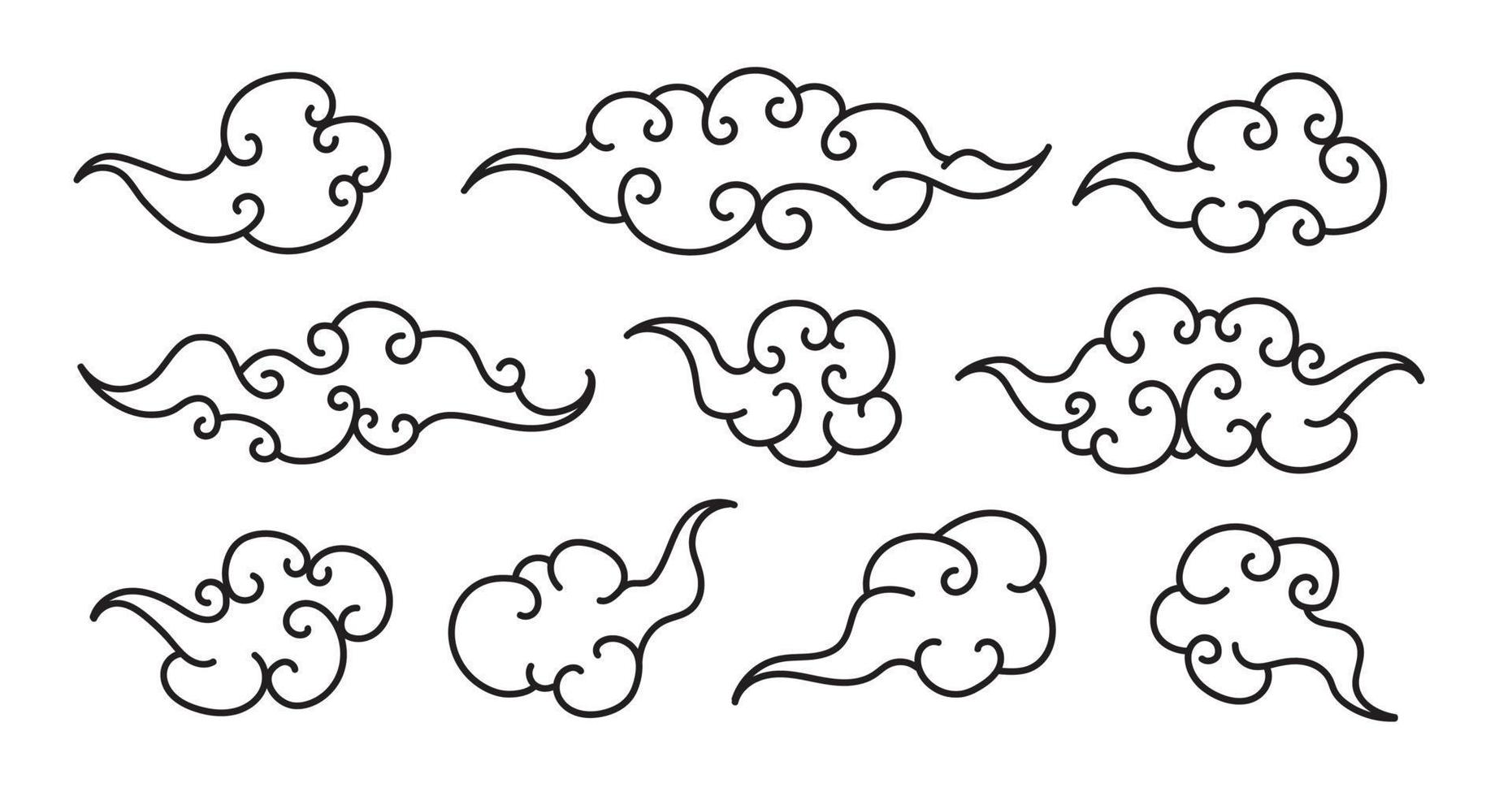 conjunto de nubes tibetanas estilo de línea elegante color negro vector