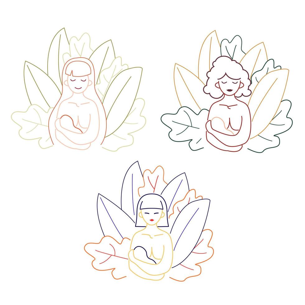 Set of three mothers of different races holding and breastfeeding their babies, vector illustration on transparent background, doodle, icon