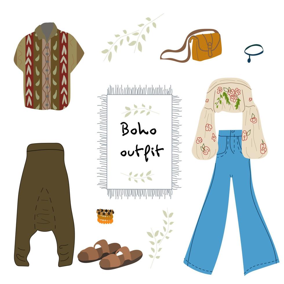 conjunto de linda ropa boho en estilo escandinavo. ilustración vectorial vector