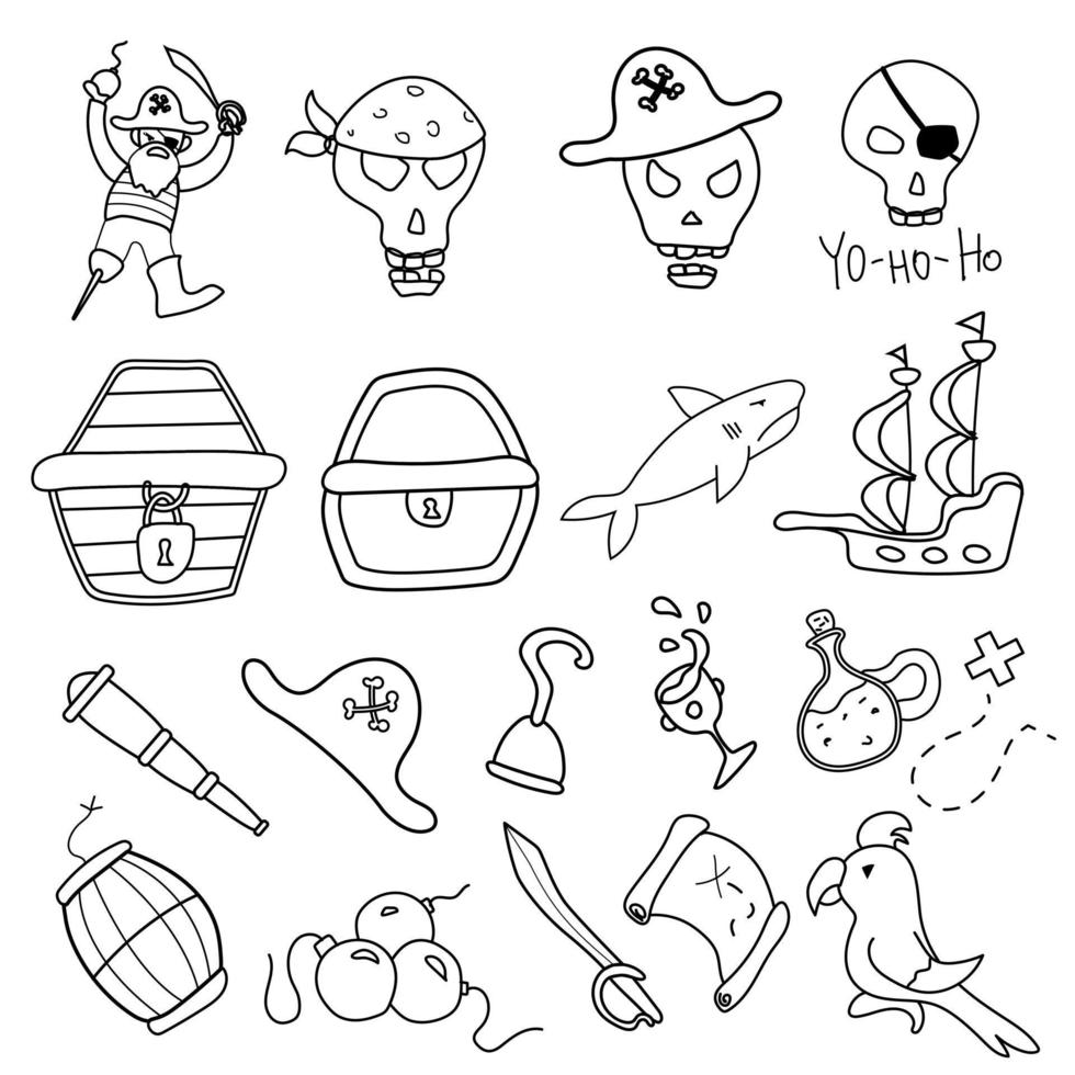 Vector pirate set with different items, doodle pirate theme