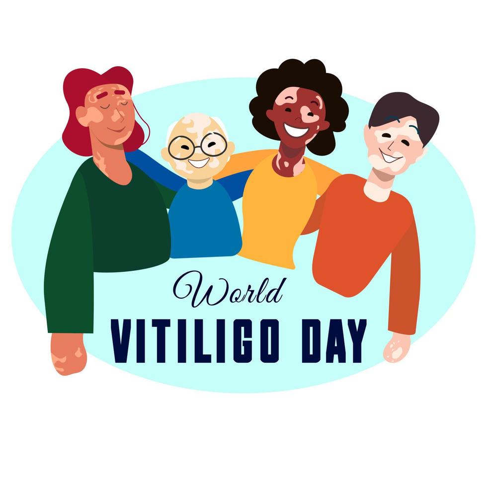 Different people with vitiligo. Vector banner with flat people hugging