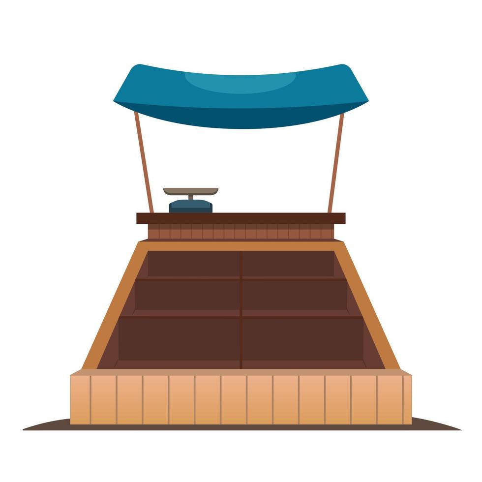 Traditional market empty wooden food stall with canopy, with scales. Flat style vector illustration