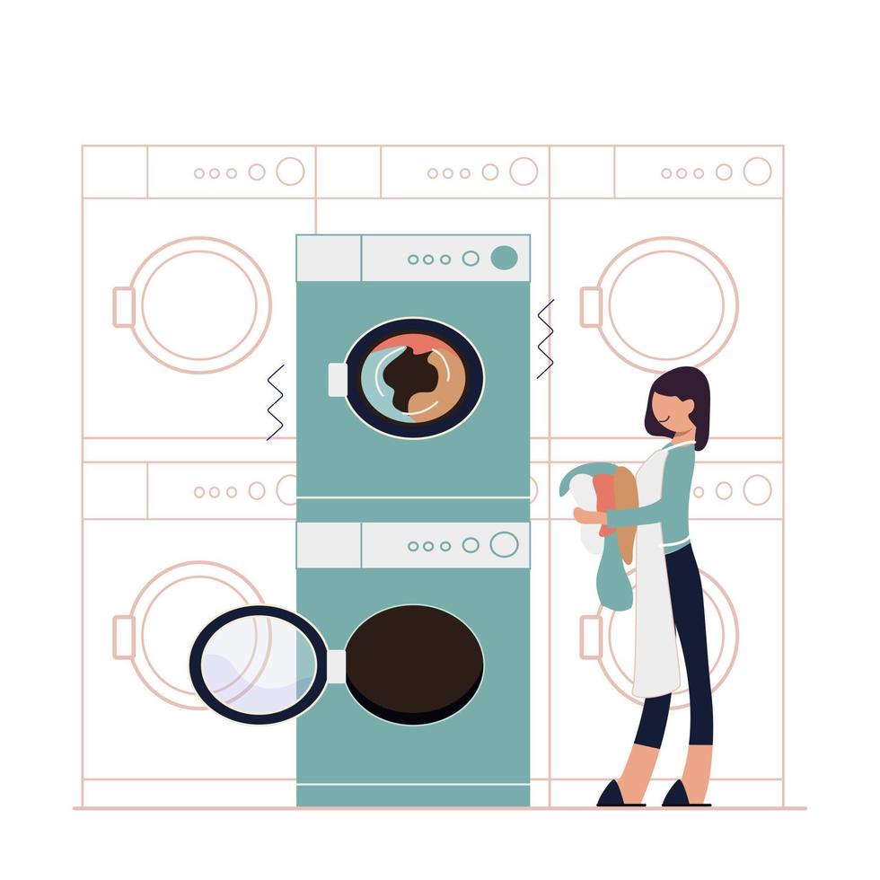 mujer lavando ropa en lavadora. ilustración vectorial plana vector