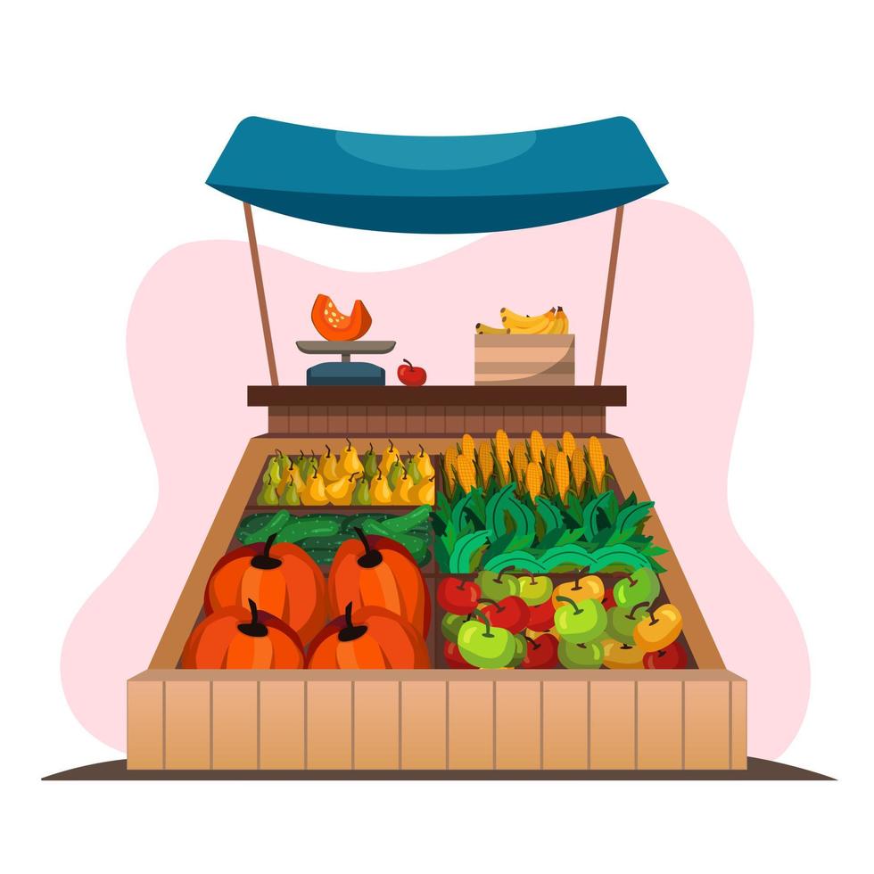 puesto de mercado de madera con frutas y verduras de granja en una ilustración de vector de caja. puesto de mercado de madera con frutas orgánicas frescas bajo un dosel