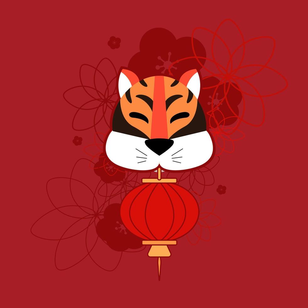 Poster tiger with Chinese lantern and flowers vector illustration on color background