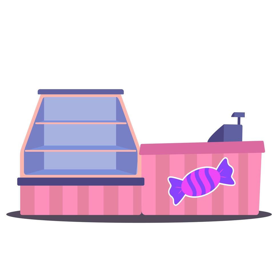 Empty candy store flat vector illustration. Candy shop without people. Candy shop business, candy counter for sweets and cash register