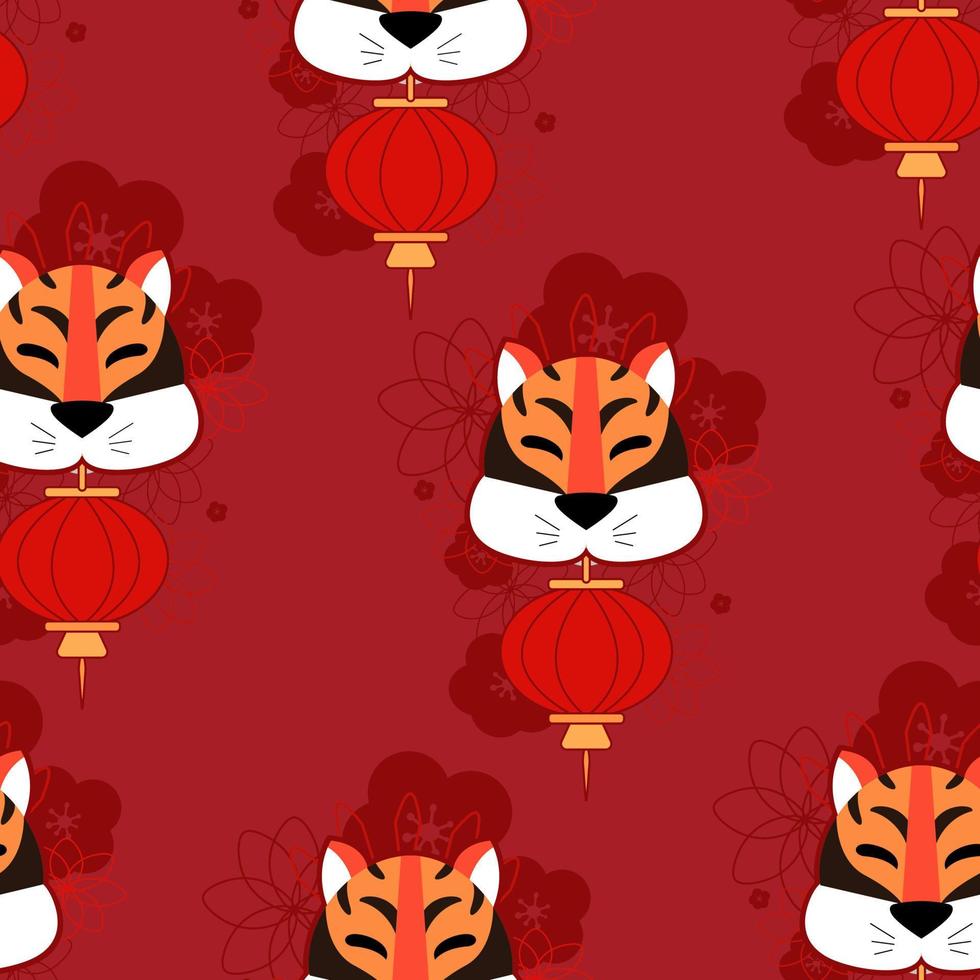 tigre patrón con linterna china y flores ilustración vectorial sobre fondo de color vector