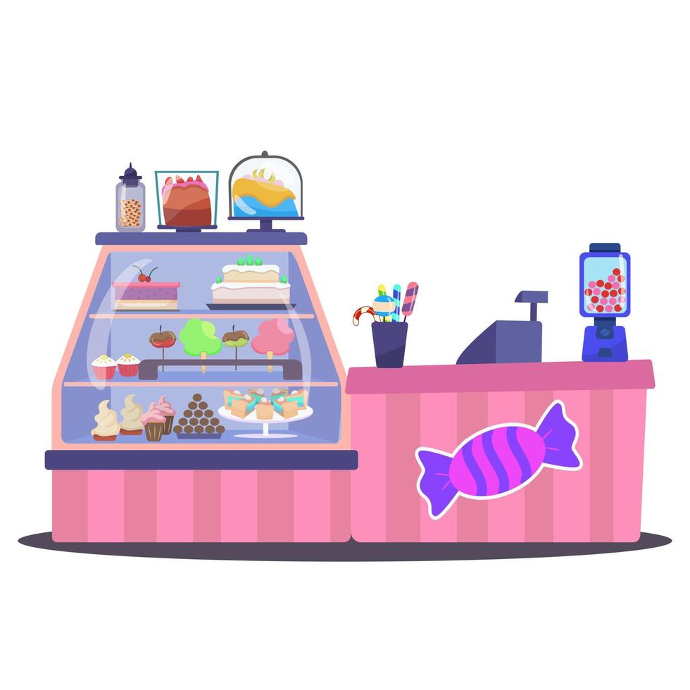 A windfall of sweets.Confectionery store, a counter with a cash register. Vector illustration