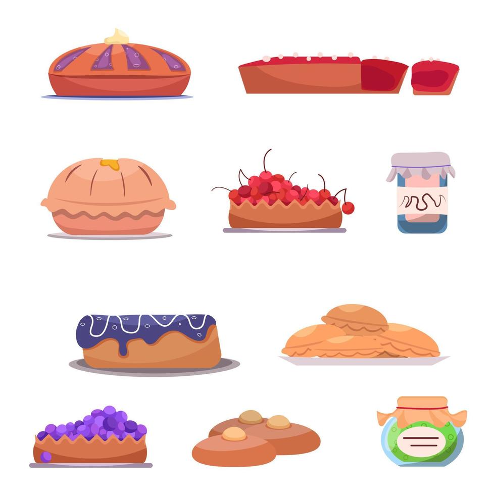 un conjunto de pasteles con diferentes rellenos. colección vectorial de tartas, bollos y mermeladas vector