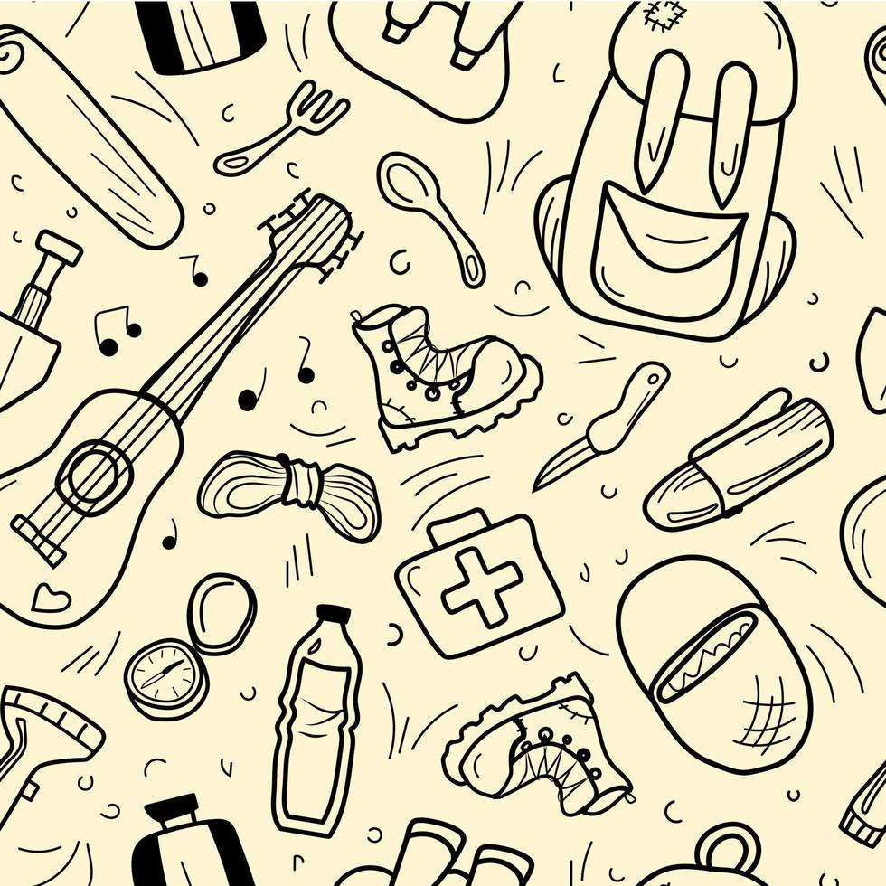 Pattern of icons with outlines for hiking and camping. Vector doodle collection.