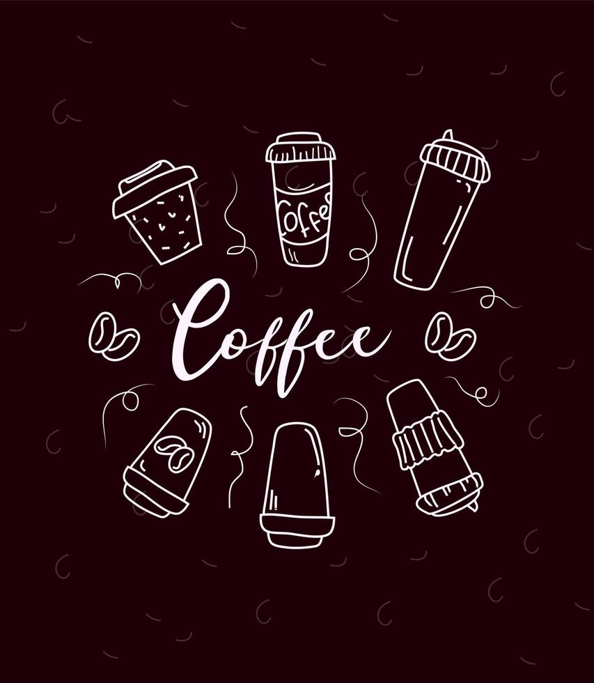 A poster of coffee cups around the inscription Coffee. Vector hand-drawn coffee cups. Illustration