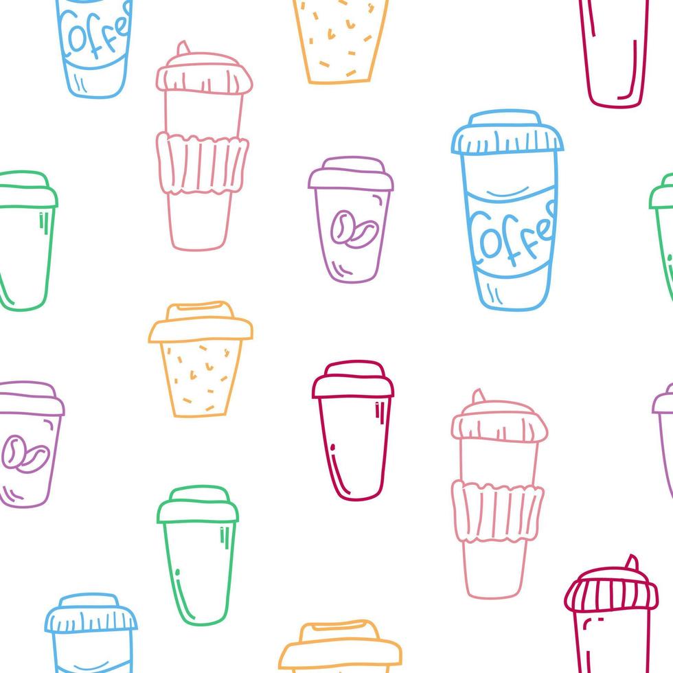 Coffee cup pattern. Vector pattern with colored cups on white background