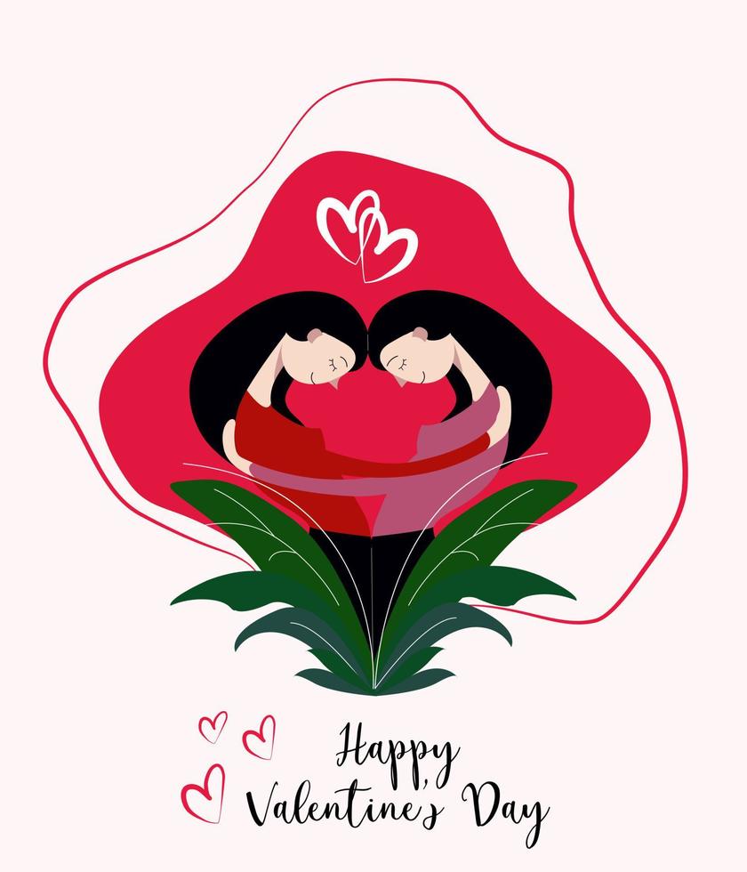Vector illustration for valentine's day with a caption. Two girls leaning into each other. Love from the heart. For cards, banners, flyers