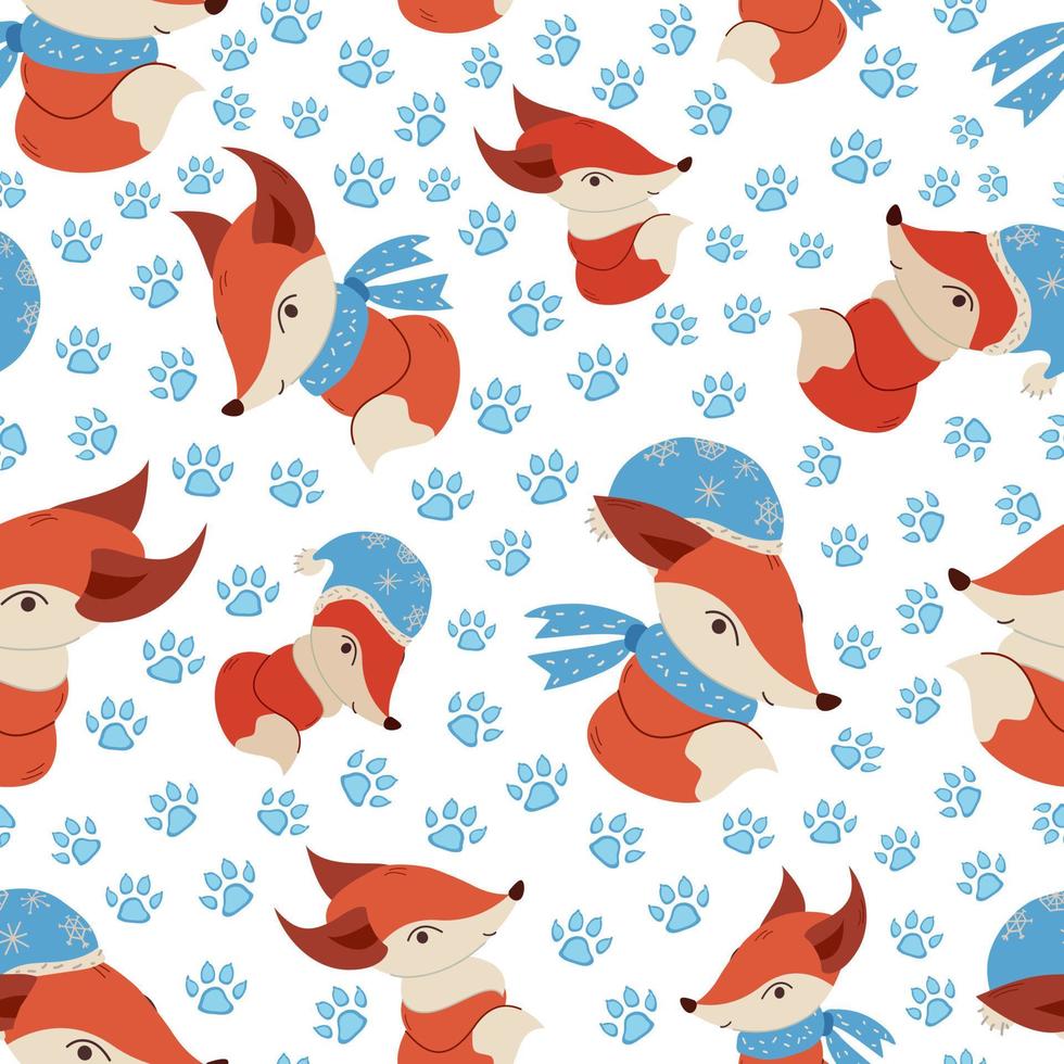 Vector pattern with fox in hats and scarves among trails. Seamless pattern for fabric, wallpaper