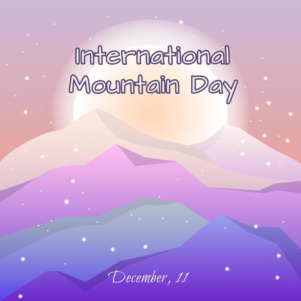 International Mountain Day. Concept of mountains with sun on the horizon. Vector postcard with mountains and shabby edges. Illustration