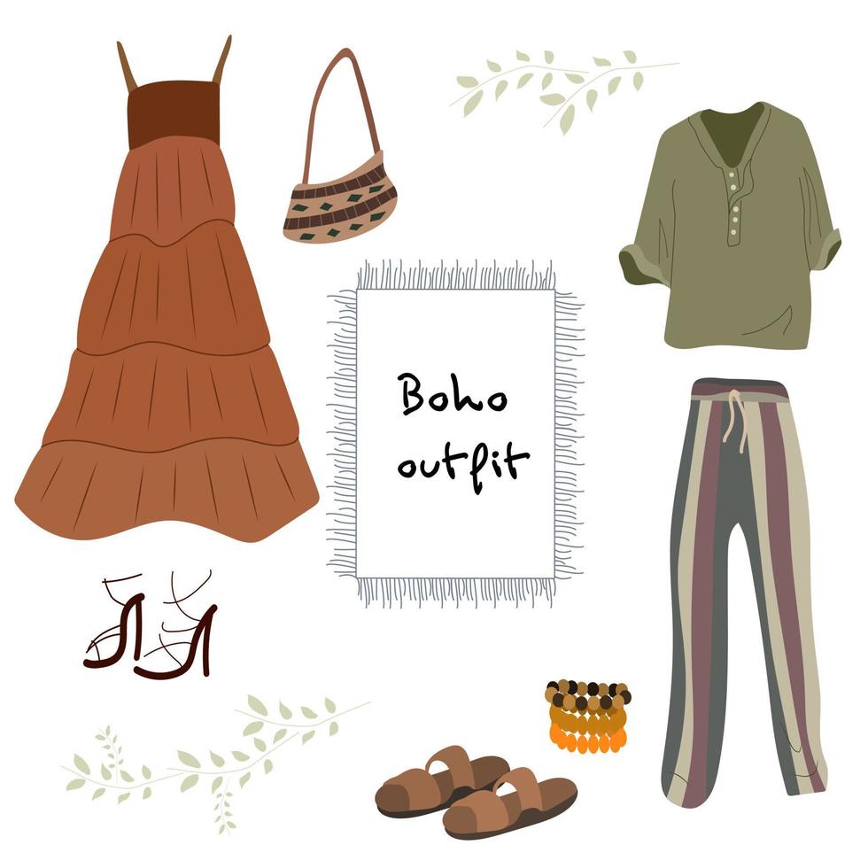 conjunto de linda ropa boho en estilo escandinavo. vestido de garabato de dibujos animados, camiseta y pantalones, bolso, ilustración vectorial de accesorios vector