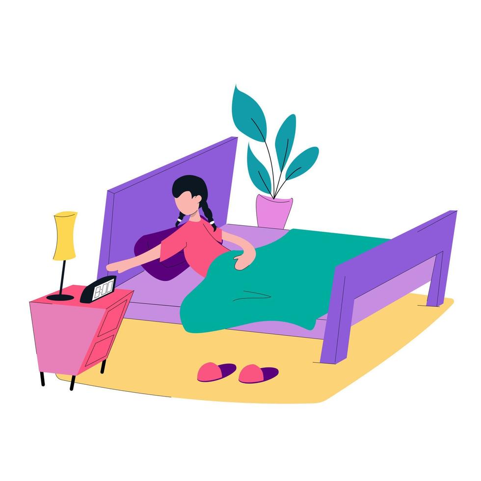 Woman waking up in the morning, turning off the alarm clock. Vector illustrative design.