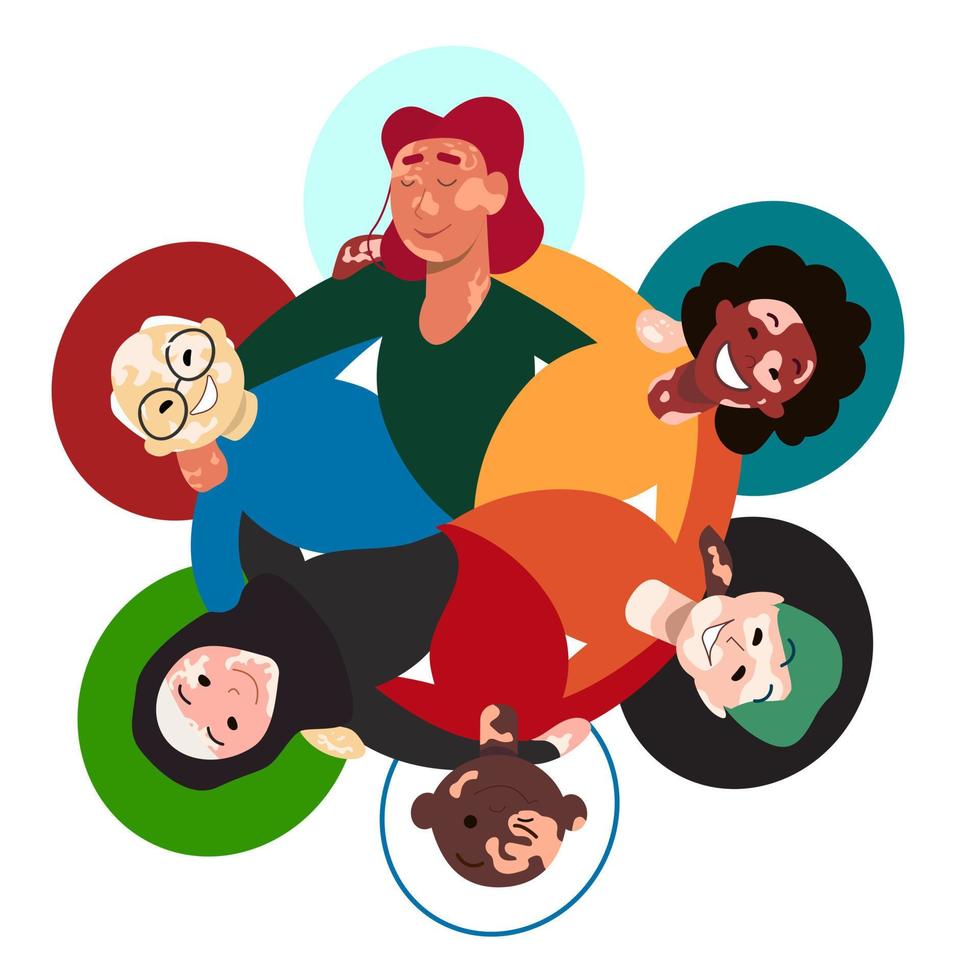 Different people with vitiligo. Vector poster with flat people standing in a circle