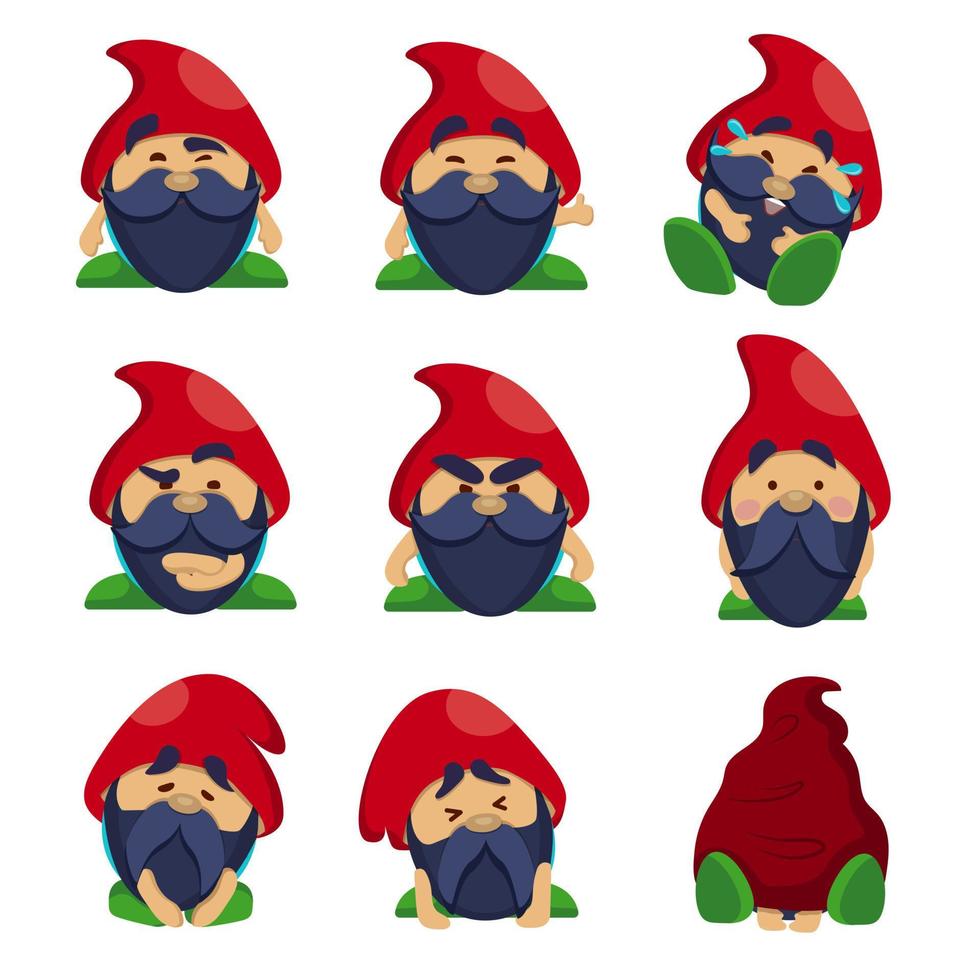 A collection of cartoon dwarf. Vector set of gnomes with different emotions