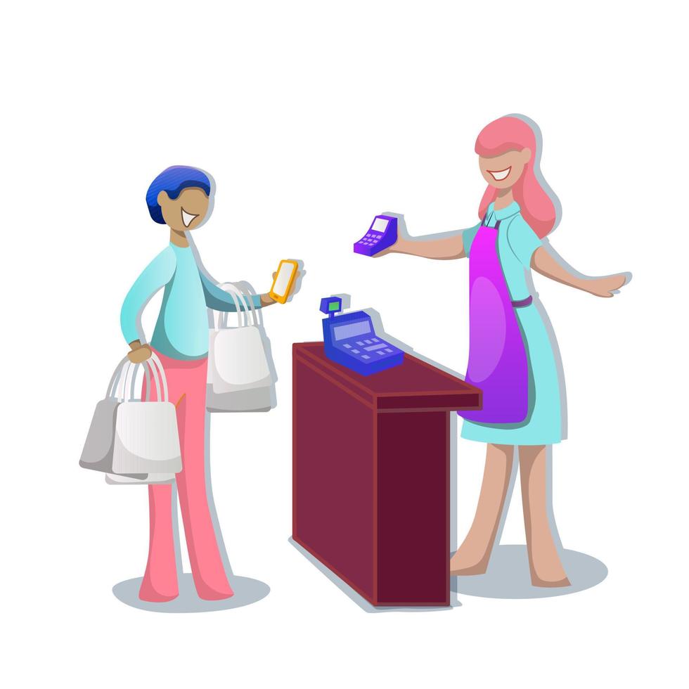 A customer pays wirelessly with a smartphone at a supermarket checkout. Cashier accepts payment. Vector flat illustration isolated on white background.