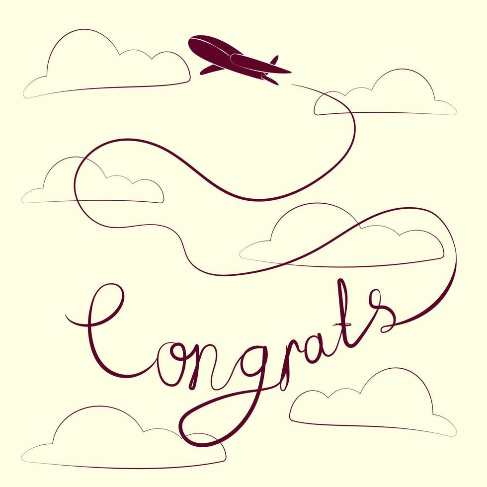 Poster with handwritten congratulations. Lettering done by airplane. Isolated on the background. Vector illustration